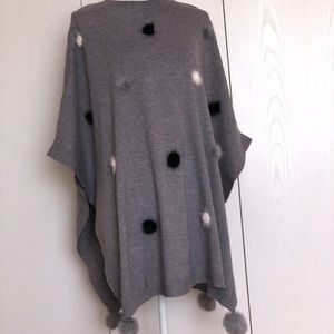 Stylish Gray Poncho with Real Fur Pom-pons.